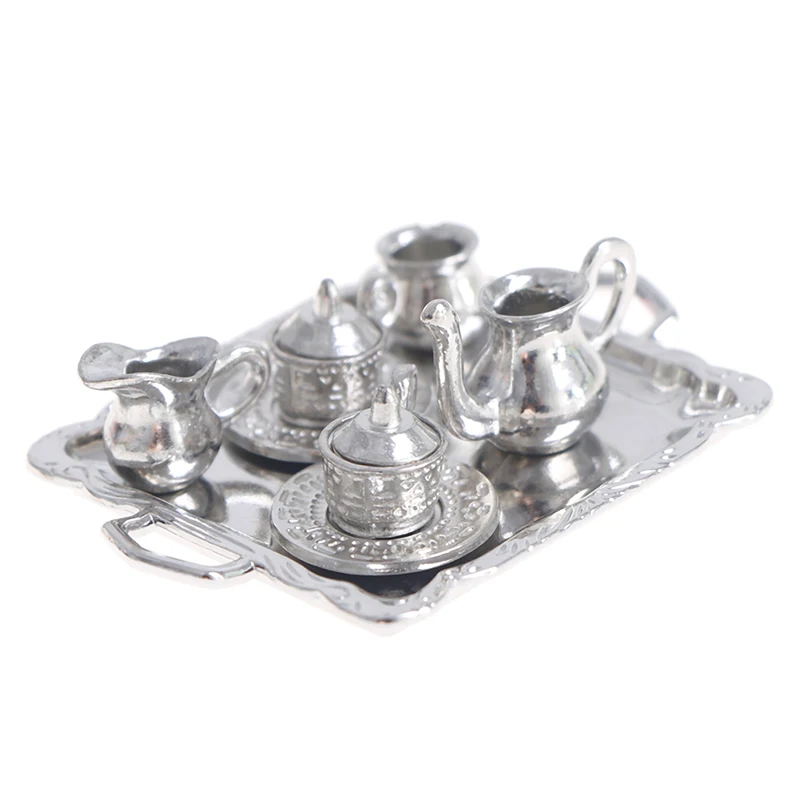 

10pcs 1/12 Dollhouse Miniature Silver Metal Tea Coffee Tray Tableware Set Hot