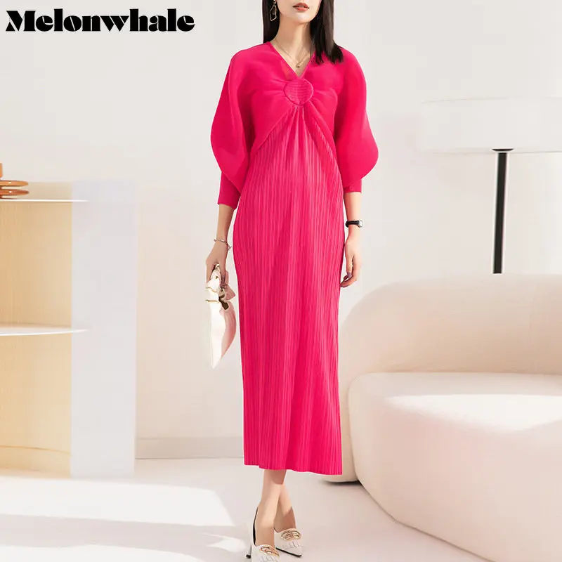 

Женское длинное плиссированное платье melonкит, красное однотонное элегантное свободное платье с V-образным вырезом и рукавами «летучая мышь», весна-лето 2023