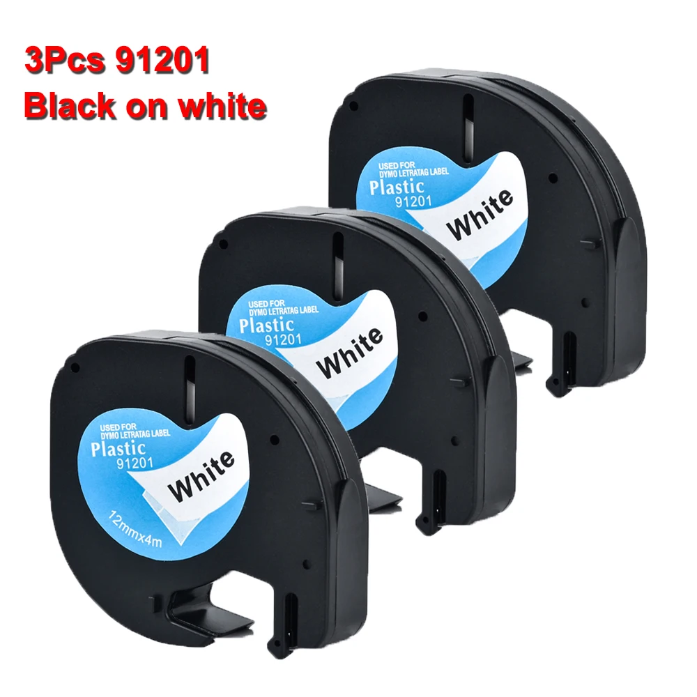 

3Packs Compatible Dymo LetraTag 91201 Black on White 12mm x 4m Plastic Label Tape Ribbon for Dymo Label Printer LT-100H LT-100T