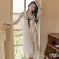 2022 new style with breast pads women nightgown spring autumn sexy nightdress long sleeve court modal lace mesh princess skirt