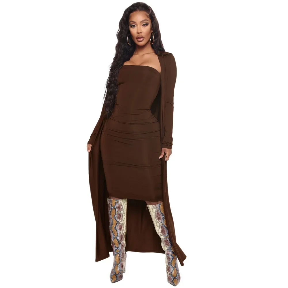 Повседневная однотонная женская куртка и платье комплект из 2 предметов модная