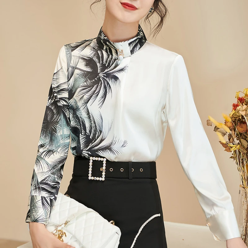 

Блузка Женская атласная с воротником-стойкой и длинным рукавом