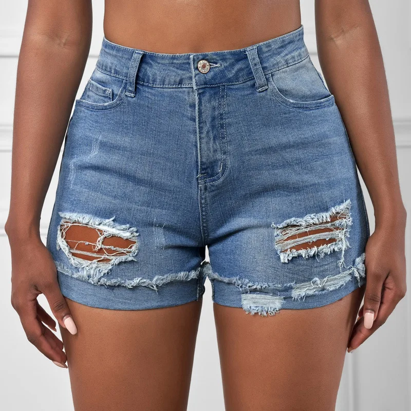 

SEBOWEL Women's Casual Distressed Ripped Rolled Hem Blue Denim Jean Shorts High Waisted 2022 Summer Button Pocket Pants Female