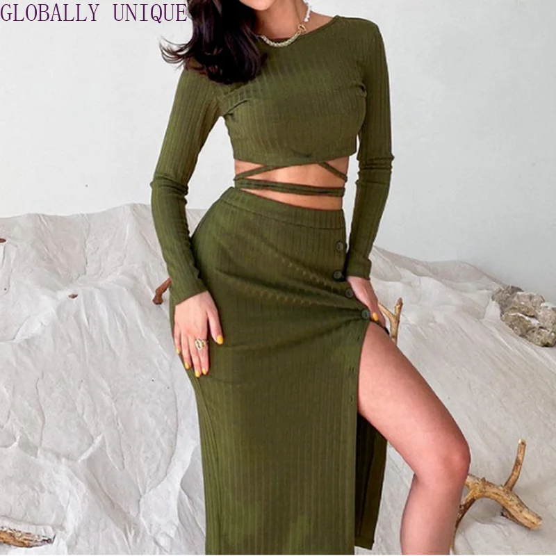 

2021 Autumn and Winter Women's Long-sleeved Hollow T-shirt Single-breasted High Waist Split Skirt Casual Two-piece Suit Women