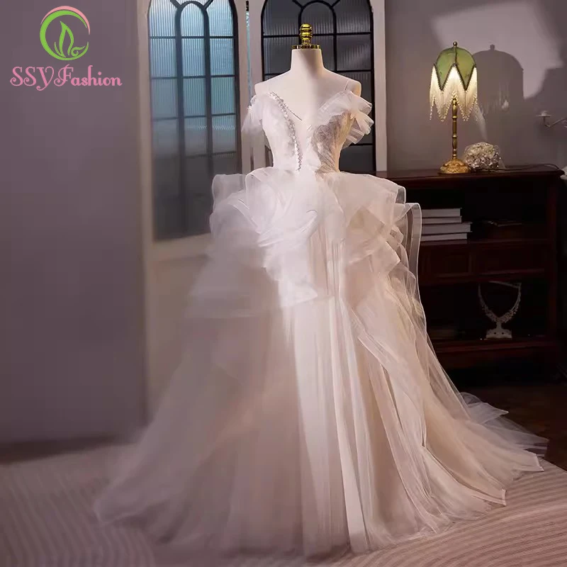 

Женское романтичное вечернее платье SSYFashion, ТРАПЕЦИЕВИДНОЕ платье принцессы с V-образным вырезом, кружевными оборками, со шлейфом, длинное платье для торжественных случаев