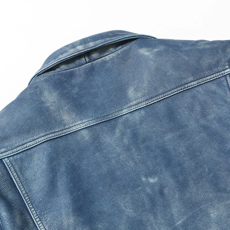 Vintage Blue Genuine Leather Jacket Men Casual Style Plus Size 4XL Real Natural Cowhide Spring Slim Fit Short Coat 95Kg Can Wear images - 6