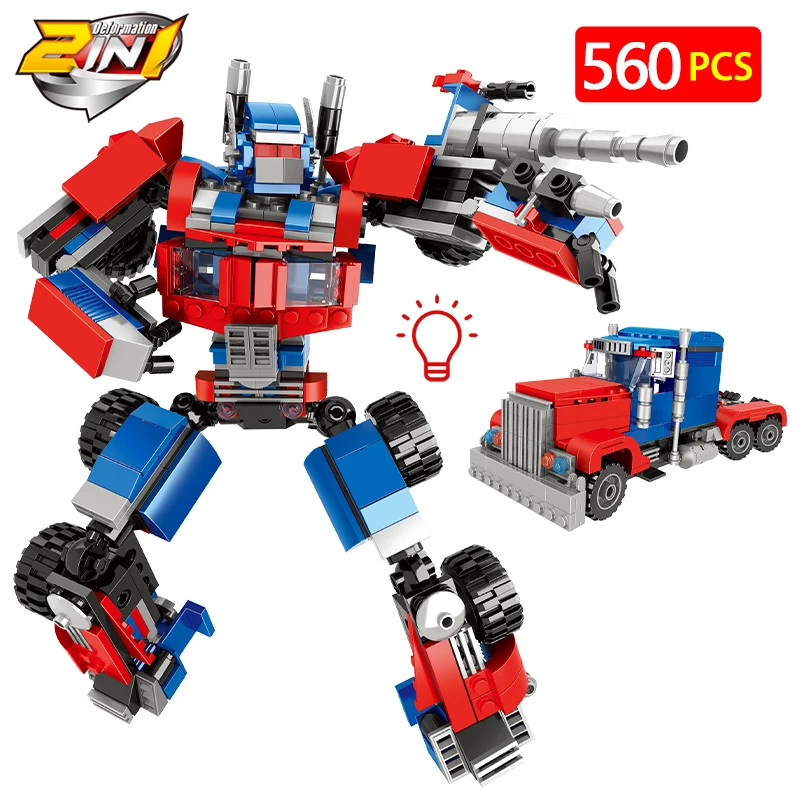 

560pcs City War 2 in 1 LED Lights Deformation Robot Car Building Blocks Famous Movie Truck Vehicle Bricks Toy for Kids Gifts