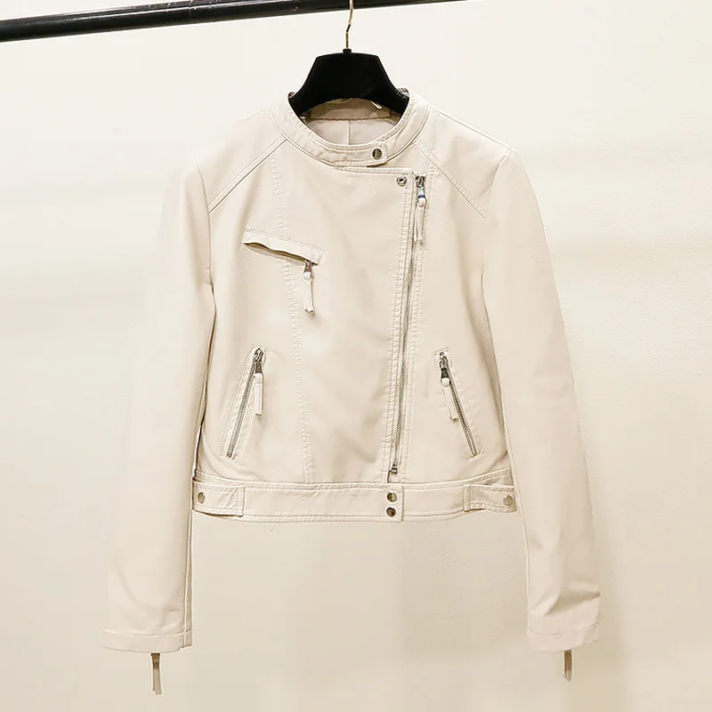 2023 autumn clothes women's stand-up leather coat small coat slim motorcycle short leather jacket