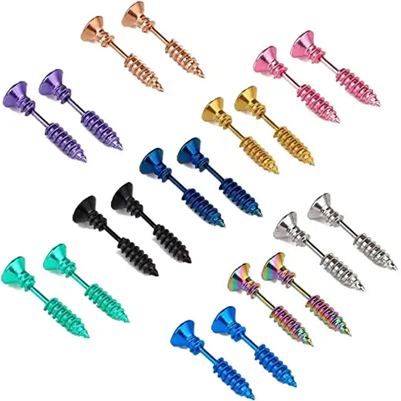 

4-10 Pairs Unisex Multiple Color Pierced Stud Earrings Nails Classic Punk Rock Tunnel Earrings Set Stainless Steel Men Gift