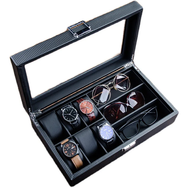 Black color 6 Grids Watch Box Organizer for Women Men Carbon Fiber Leather 3 grids for sunglasses