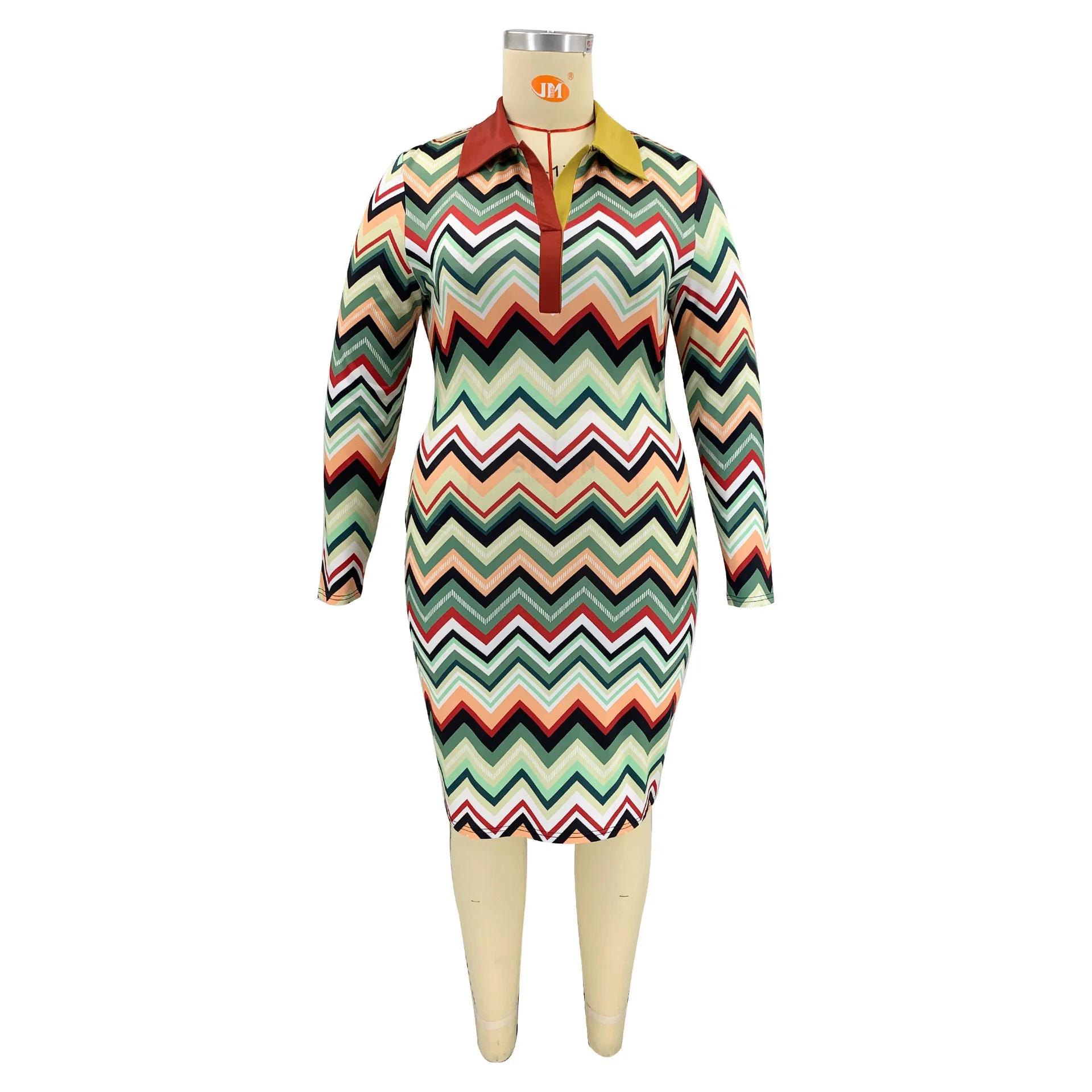 Plus Size Dresses for Women Geometric Printed Full Sleeve Turn Down Bodycon High Waisted Mid Calf Elegant Large Dress Cloth Big