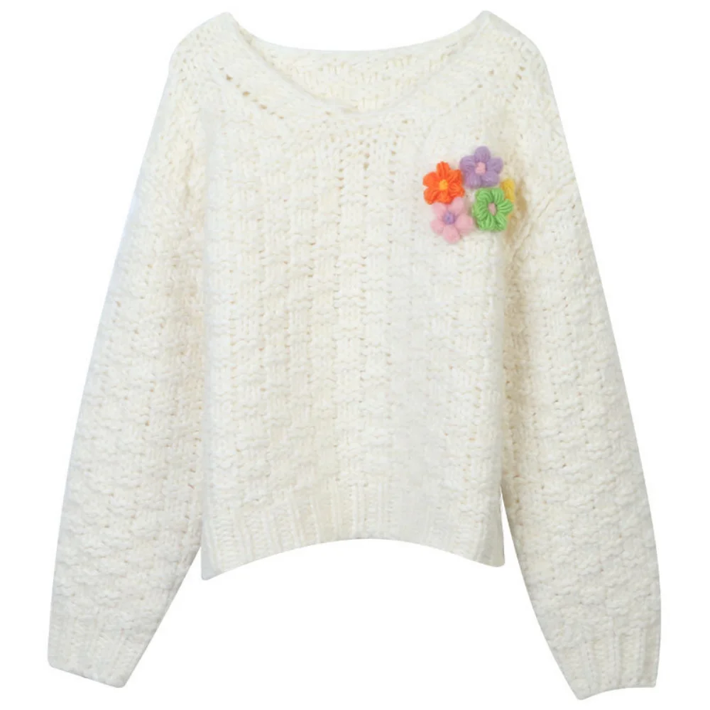 

Пуловер с длинным рукавом Женский, свитер с круглым вырезом, топ с цветочной вышивкой, свободный свитер в Корейском стиле, Милый джемпер, Осе...