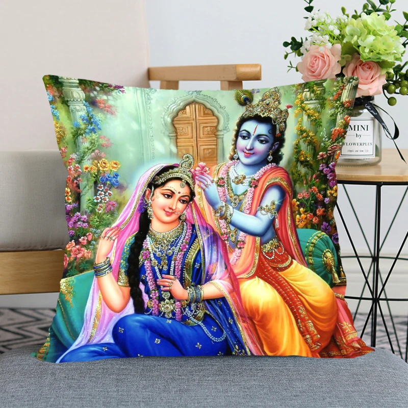 

New Nice Radha Krishna Anime Pillow Cover Bedroom Home Office Decorative Pillowcase Square Zipper Pillow case Satin Soft Cover