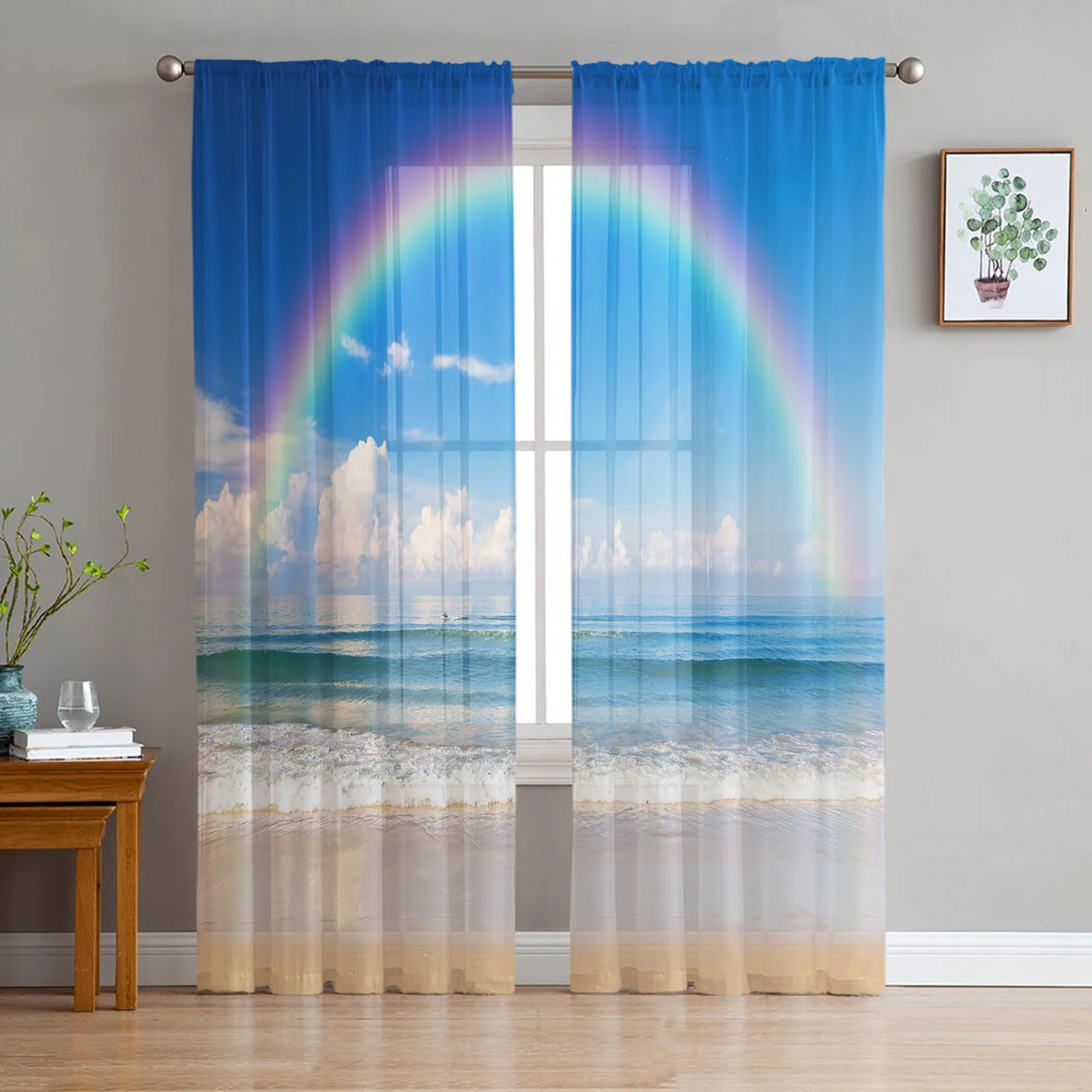 Rainbow Seaside Beach Blue Sky Sheer Curtains Living Room Window Tulle Curtains For Bedroom Kitchen Home Decoration Voile Drapes