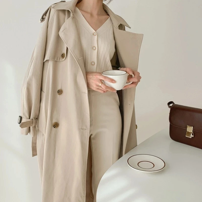 Женский двубортный длинный Тренч повседневное элегантное Свободное пальто на