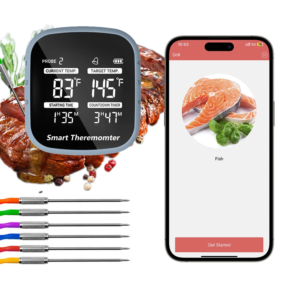 

Беспроводной термометр для мяса, цифровой строительный термометр с ЖК дисплеем, с будильником, с управлением через приложение, для приготовления мяса в духовке и барбекю