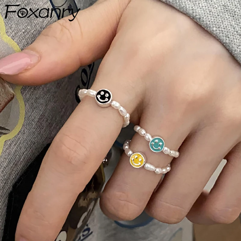 

Женские эластичные кольца с жемчугом и смайликом S925, новые модные элегантные Геометрические Свадебные украшения ручной работы для невесты, аксессуары