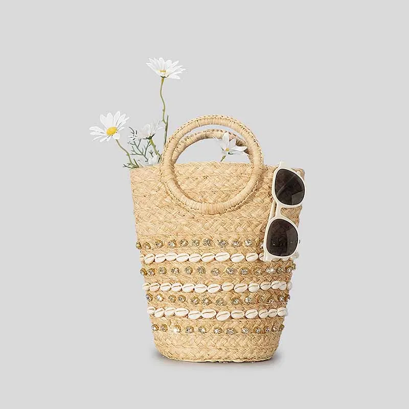 

Summer Beach Holiday Handheld Straw Handle Bags New Handmade Lafite Grass Handbag Women's Rural Shell Inlaid Diamond Bucket