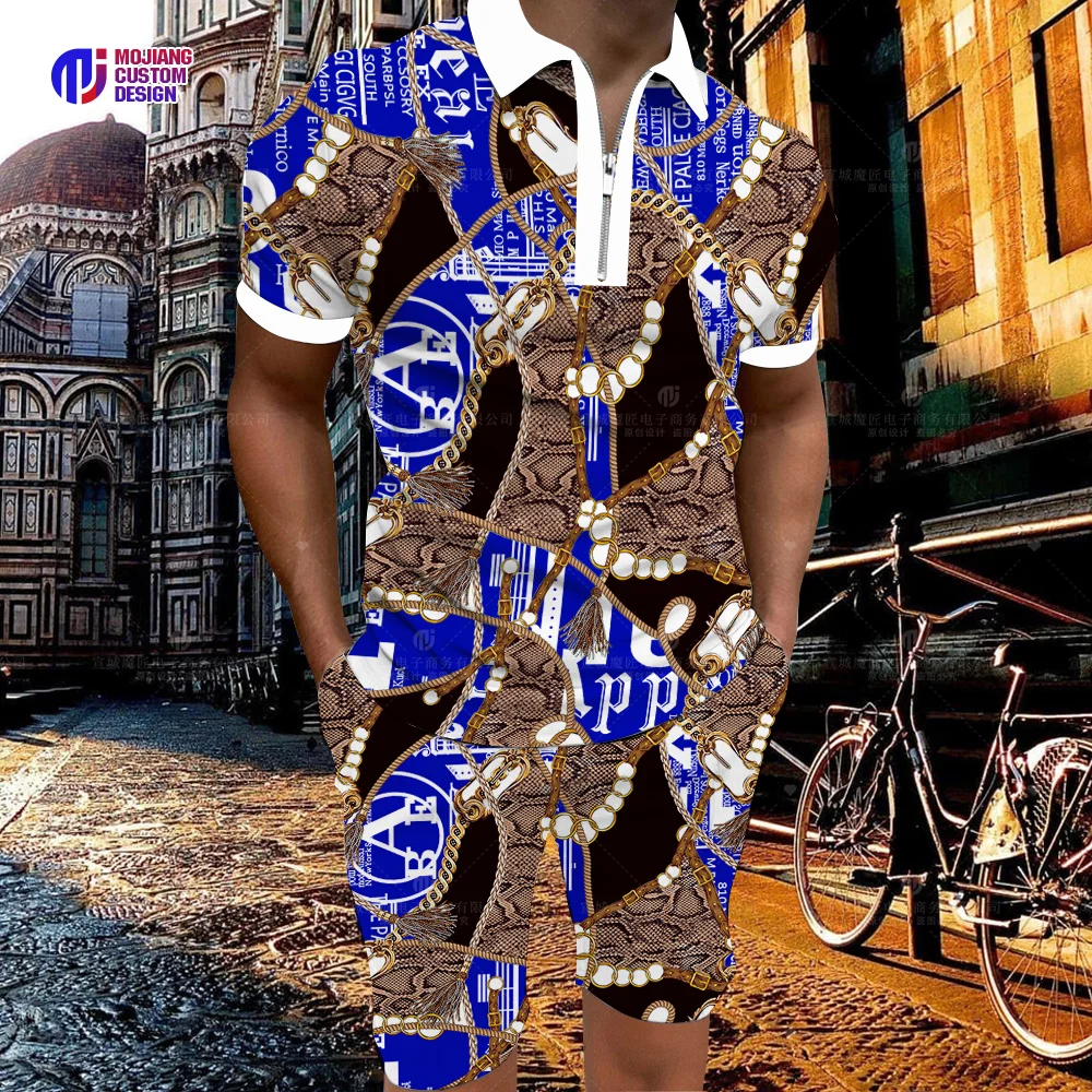 Men's 3D Polo Shirt and Shorts Set Casual Brand Pattern Printed Short Sleeve Zippered Polo Shirt and Shorts Men's Casual Suits