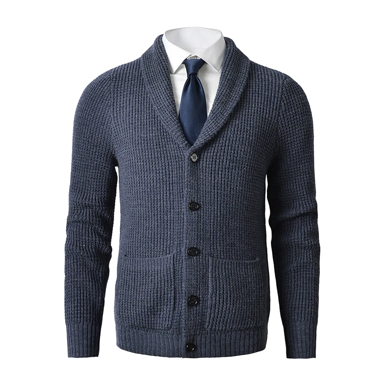 2022 New Men's Shawl Collar Cardigan Sweater Slim Fit Cable Knit Button Up Merino Wool Sweater with Pockets