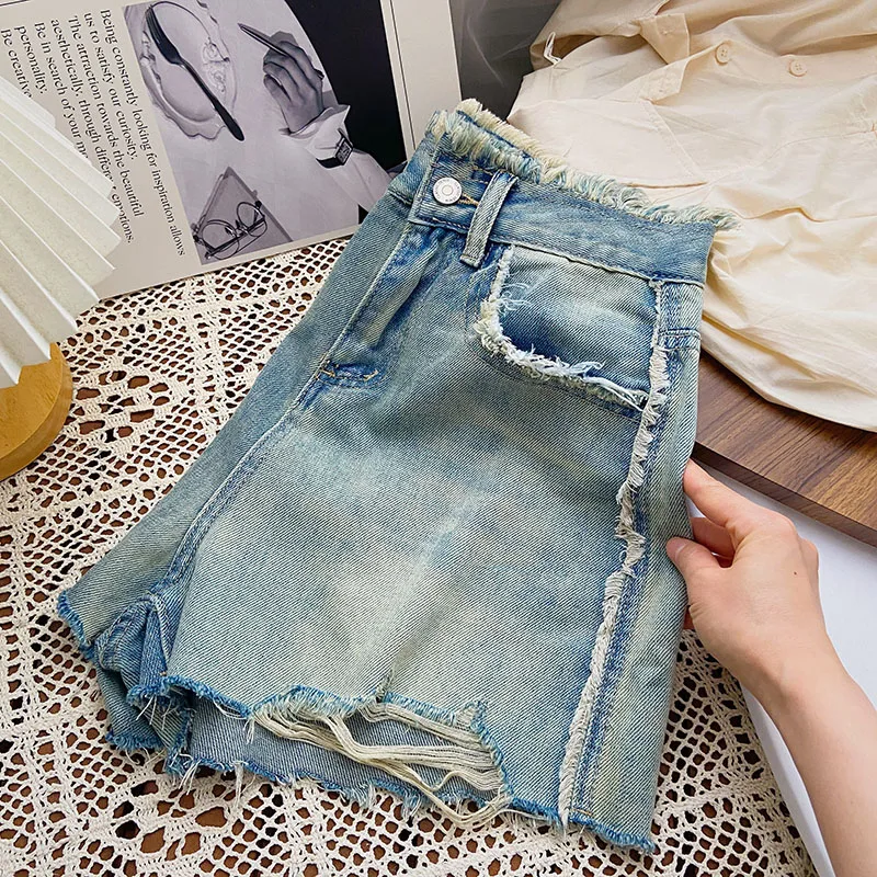 

Шорты женские джинсовые трапециевидные, с потертостями, с завышенной талией, летние ковбойские, модные, Прямая поставка