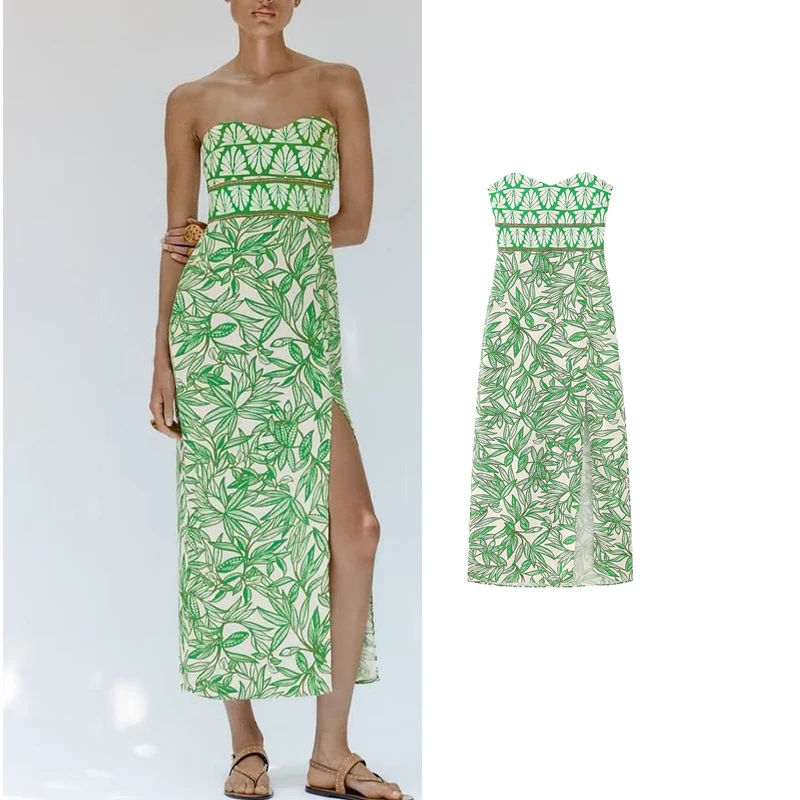 

Платье-корсет женское зеленое с открытыми плечами и открытой спиной