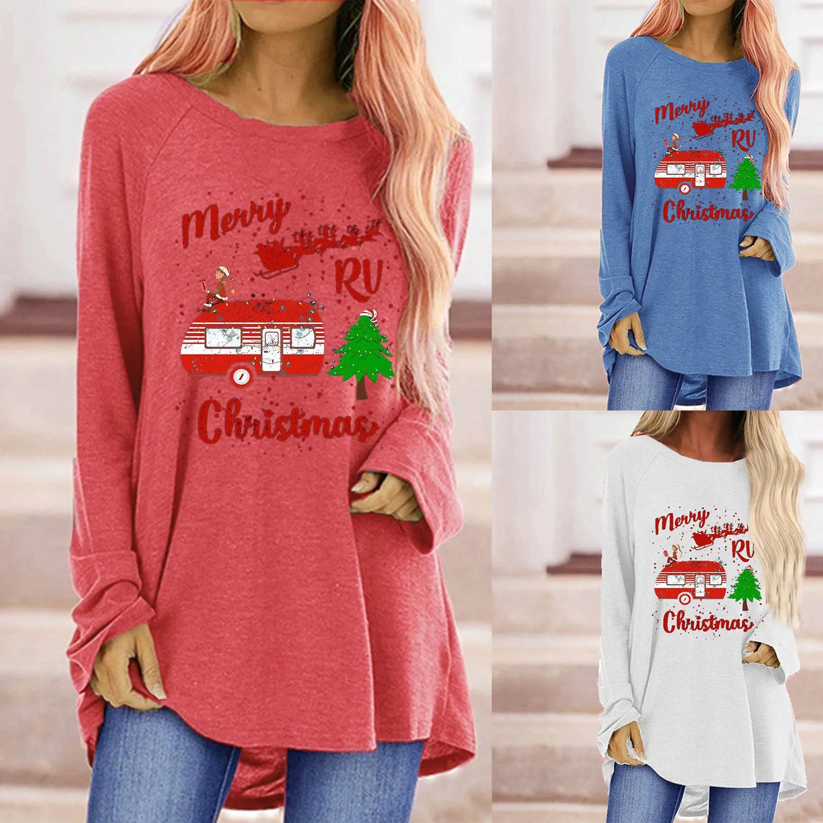 

Women's Casual Round Neck Christmas Long Sleeve Print Loose T-Shirt Top Blouse Womens Long Sleeve T Shirts Pack
