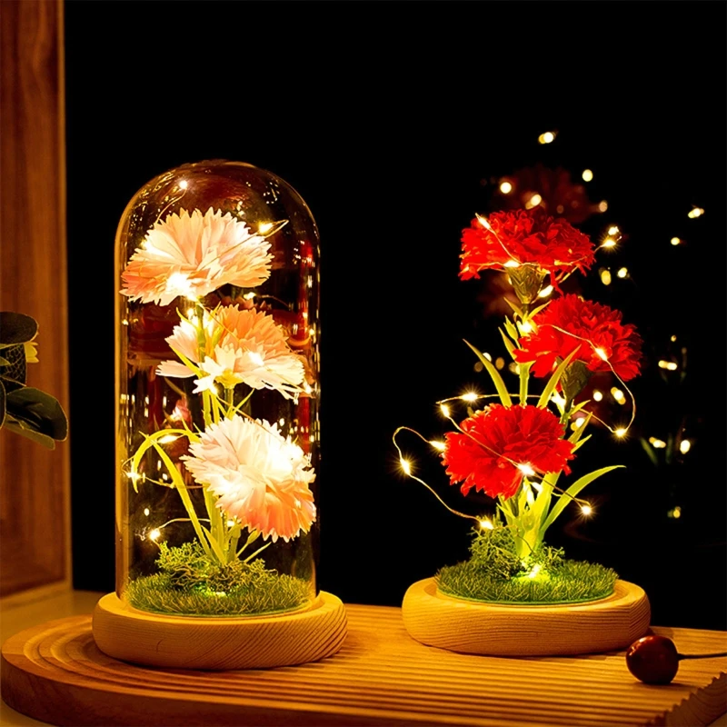 

Artificial Led Luminous Carnation Soap Flower with Dome Glass Cover for Valentine's Day Mother's Day Wedding Decoration Gift