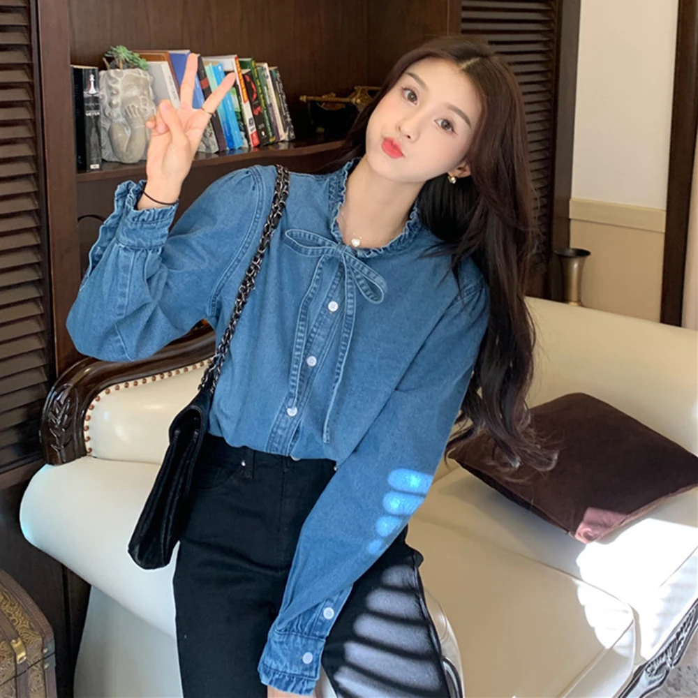 Женская однобортная джинсовая рубашка элегантная простая Весенняя блузка