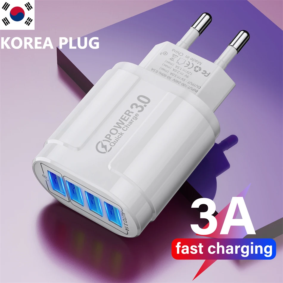 Быстрое зарядное устройство для iPhone 14, 11, 3 А, 48 Вт, QC3.0, Корейская вилка, настенное USB-зарядное устройство, адаптер для Samsung, Huawei, зарядное устройство с 4 USB-портами