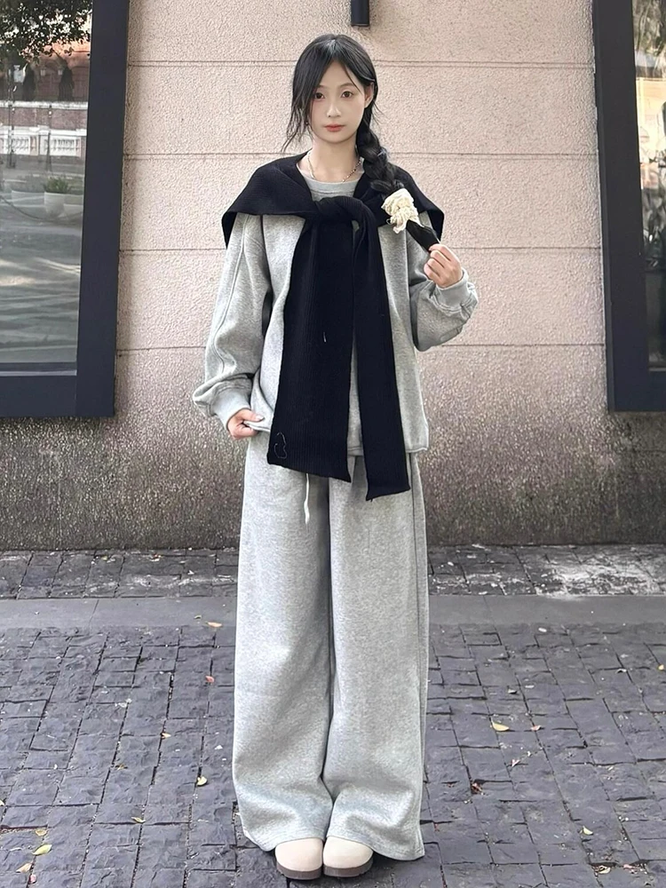 Casual Loose Sweatshirt Set Women Autumn and Winter Girls Age-Reducing Fleece-lined round Neck Hoodie Wide Leg Pants Running ...