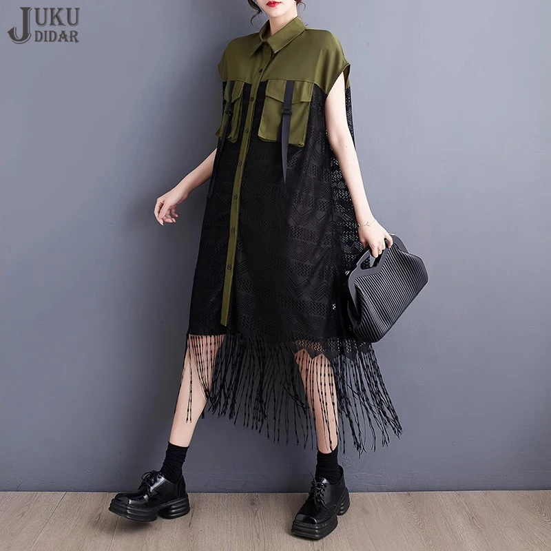 

Платье-рубашка без рукавов, на пуговицах, с бахромой