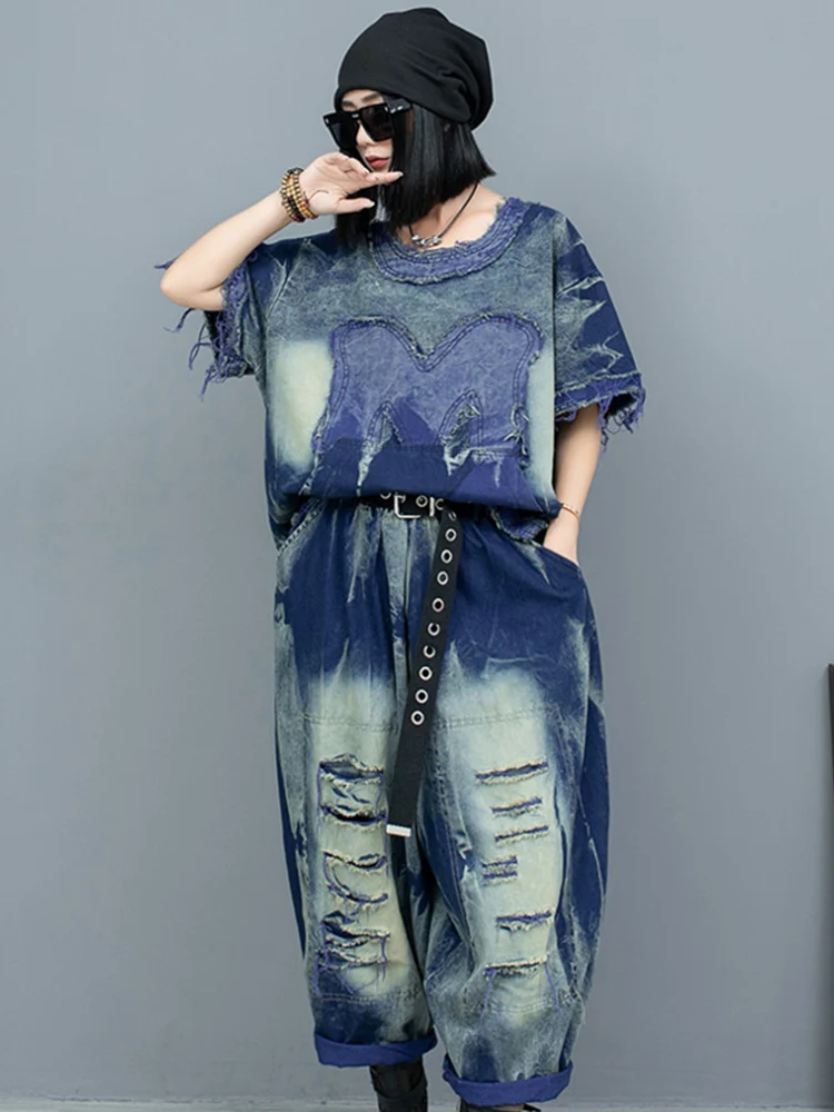 Женский джинсовый комплект LYUZHE с коротким рукавом и меховыми краями топ