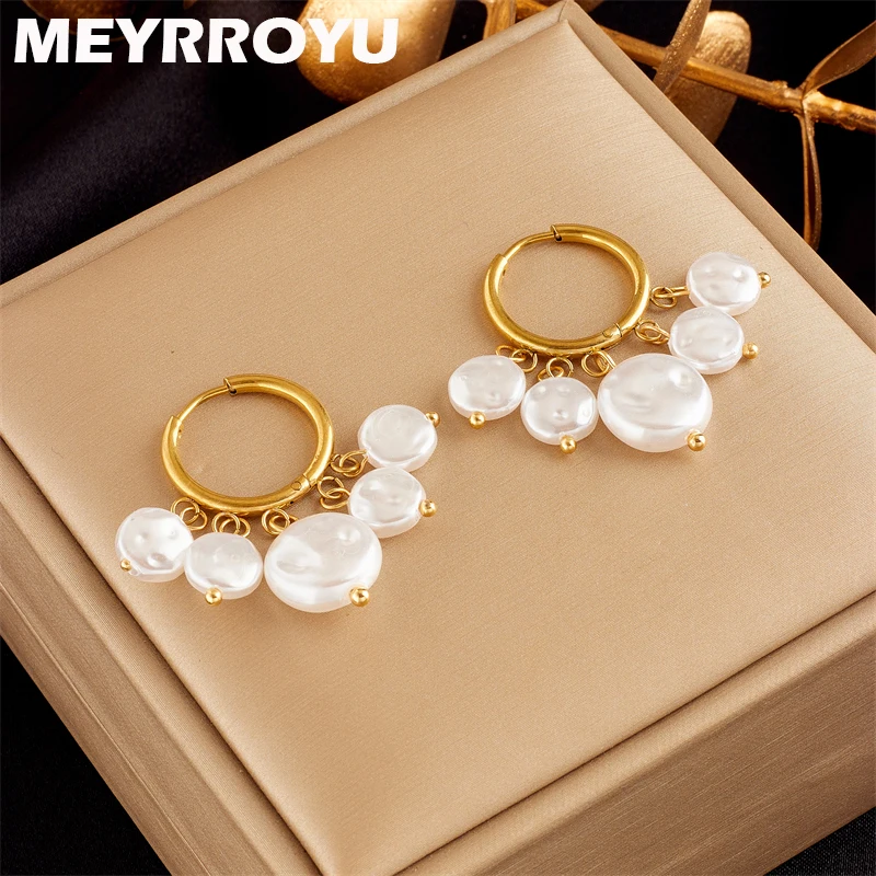 

MEYRROYU 316L Stainless Steel Hoop Earrings White Bead Pendant for Women Accessories Temperament Jewelry Birthday Gifts Brincos