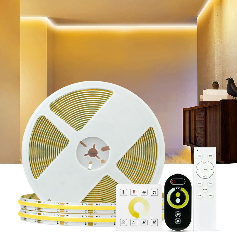 CCT COB свет полосы DC 24V диммируемые светодиодные ленты 560LEDs/м гибкая лента 2700K-6000K клейкая лента для внутреннего освещения спальни