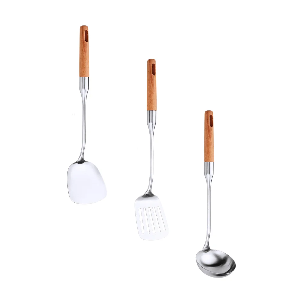 

3Pcs Rustproof Kitchenware Kit Delicate Stainless Steel and Wood Cookware Kit
