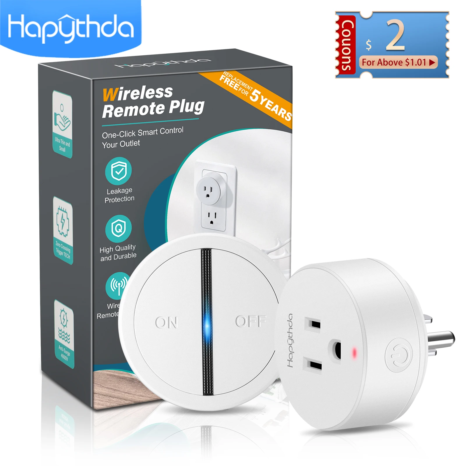 

Hapythda Smart Remote Control Outlet Plug with Wireless Switch 500 FT RF Socket Electrical Remote Light Switch Kit for Lamp Fans