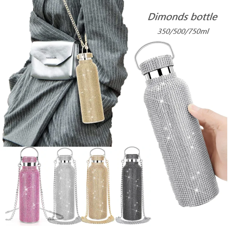 

Diamond Thermos Water Bottle Stainless Steel 350ml/500ml/750ml Thermos Flask with Glass Rhinestone Tumblers Crystal Bottle