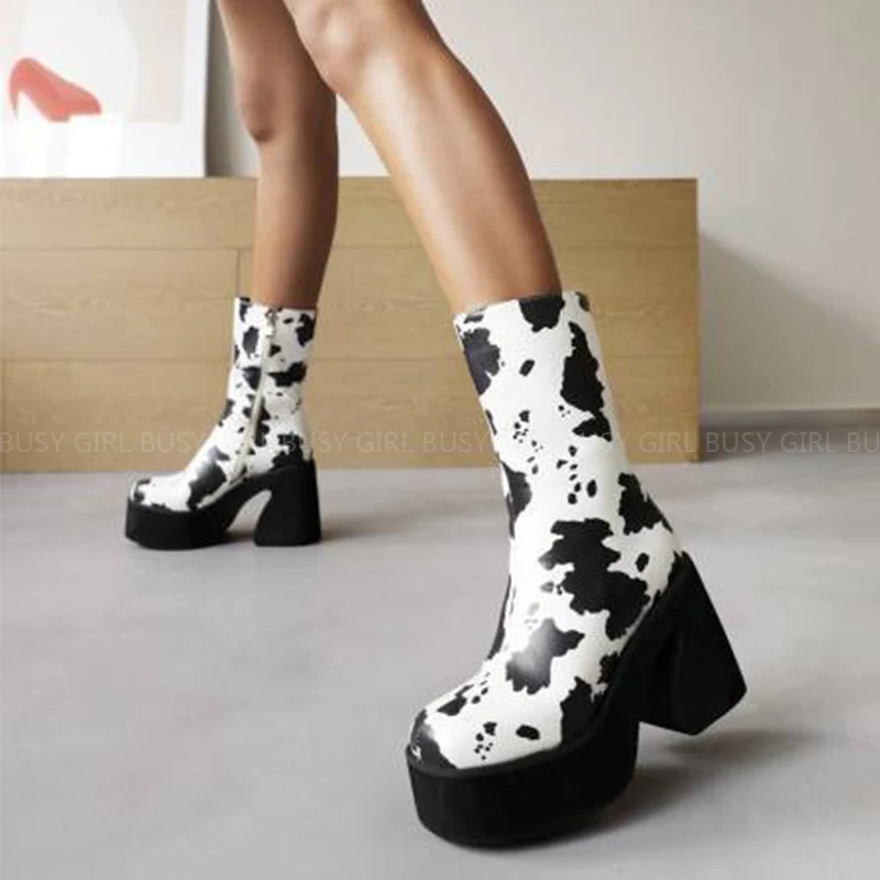 Square toe black thick waterproof high-heeled women's leather ankle boots a new style of calf boots