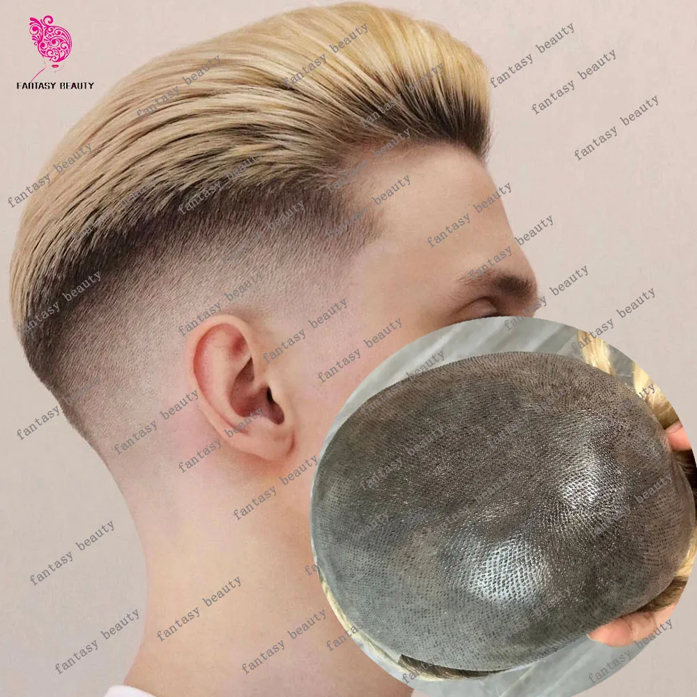 Ombre Blonde 4T/#613 Mens Wig Microskin Durable Natural Hairline Men Toupee Brown Human Hair 0.06mm Full PU Capillary Prosthesis