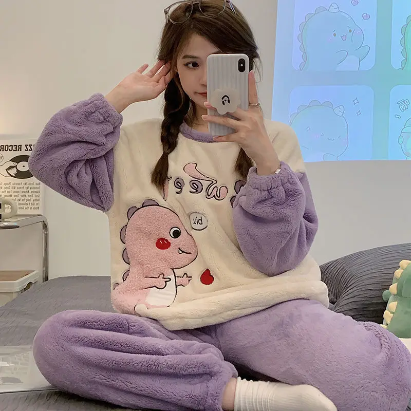 Flannel Women's Pajamas Set Autumn Winter New Warm Long-sleeved Trousers Suits Two-piece Cute Soft Home Wear Clothes Kawaii