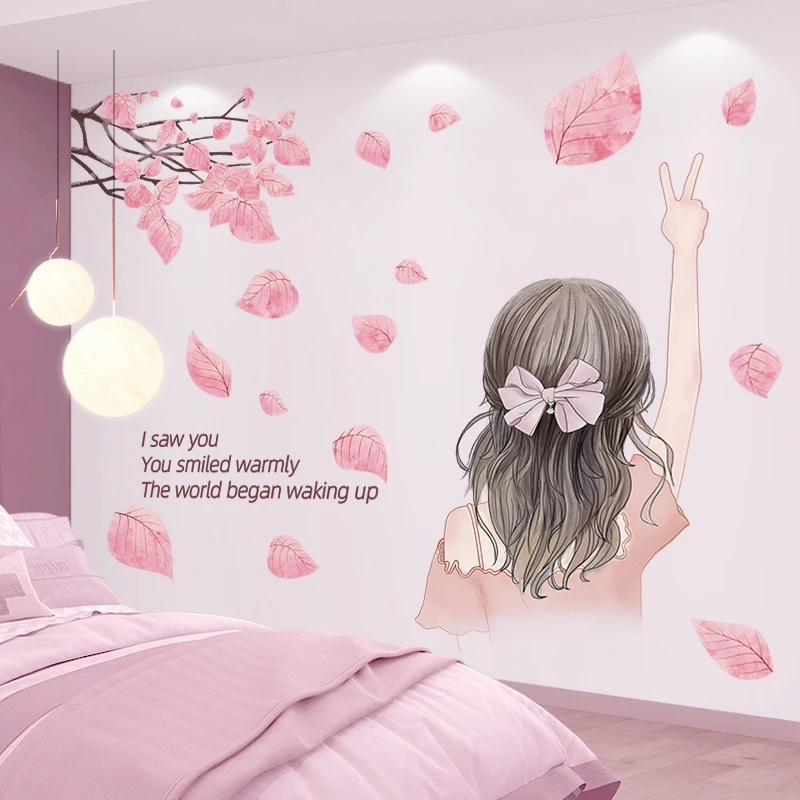 

[shijuekongjian] Cartoon Girl Moon Swing Wall Stickers DIY Tree Leaves Mural Decals for Kids Rooms Baby Bedroom Home Decoration