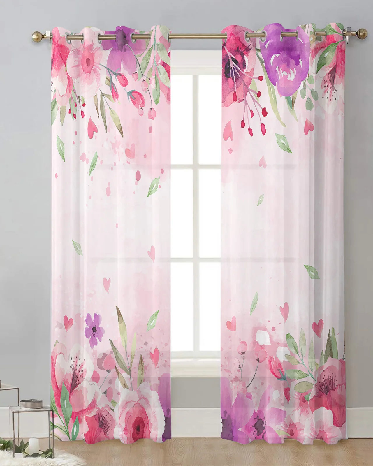 

Тюлевые занавески на окна в гостиную, занавеска с акварельными цветами, зелеными листьями, драпировка из вуали с люверсами, День святого Валентина