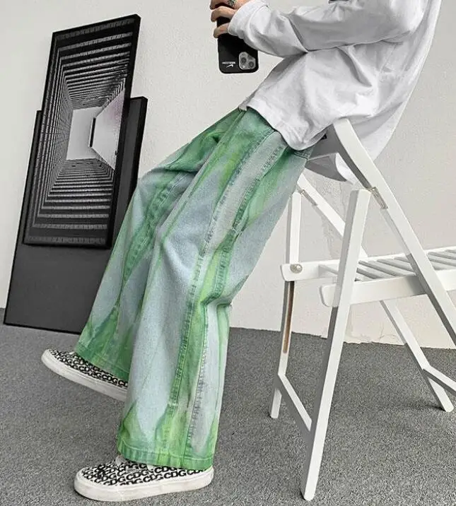 Jeans Men Tie Dye Print Denim Pants Baggy Elastic Waist Straight Trousers High Street Punk Cool Green Jeans