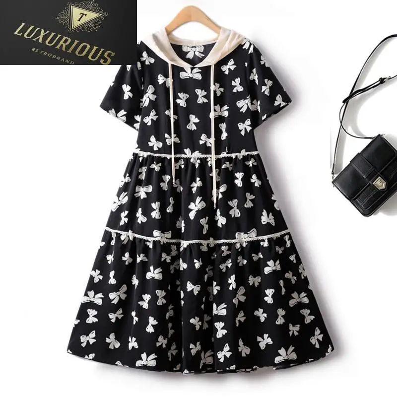

Summer Dress Women 2023 New Hooded Contrasting Color Bowknot Stitching Cake Chiffon Pleated Short Sleeve Female Clothing 4XL