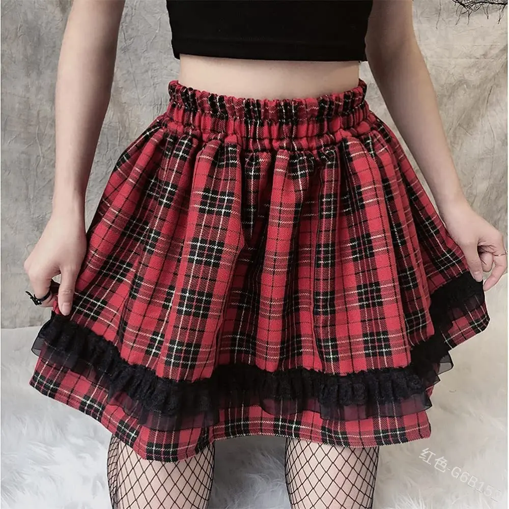 

Summer New High Waist Plaid Skirt Retro Lace Patchwork A Line Skirt Women Sexy Elastic Waist