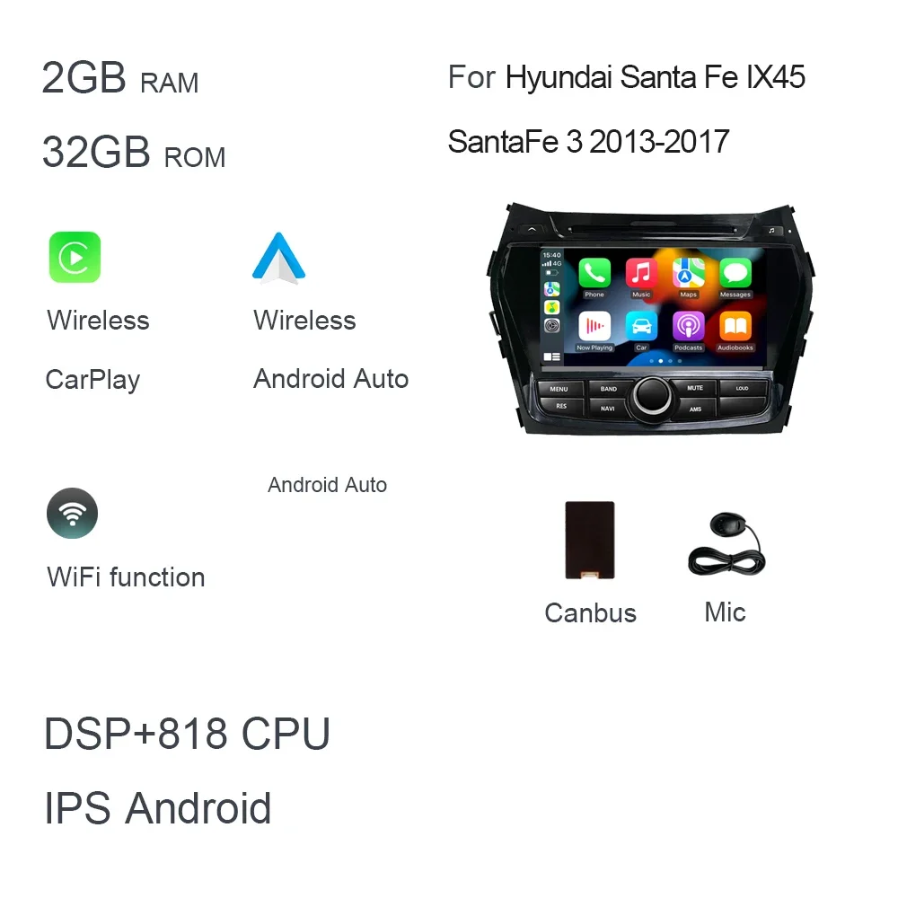 

8-дюймовый автомобильный плеер Carplay DSP Android 14.0 8 ядер 12 ГБ + 256G радио мультимедиа GPS Wi-Fi для Hyundai Santa Fe IX45 SantaFe 3 2013-2017