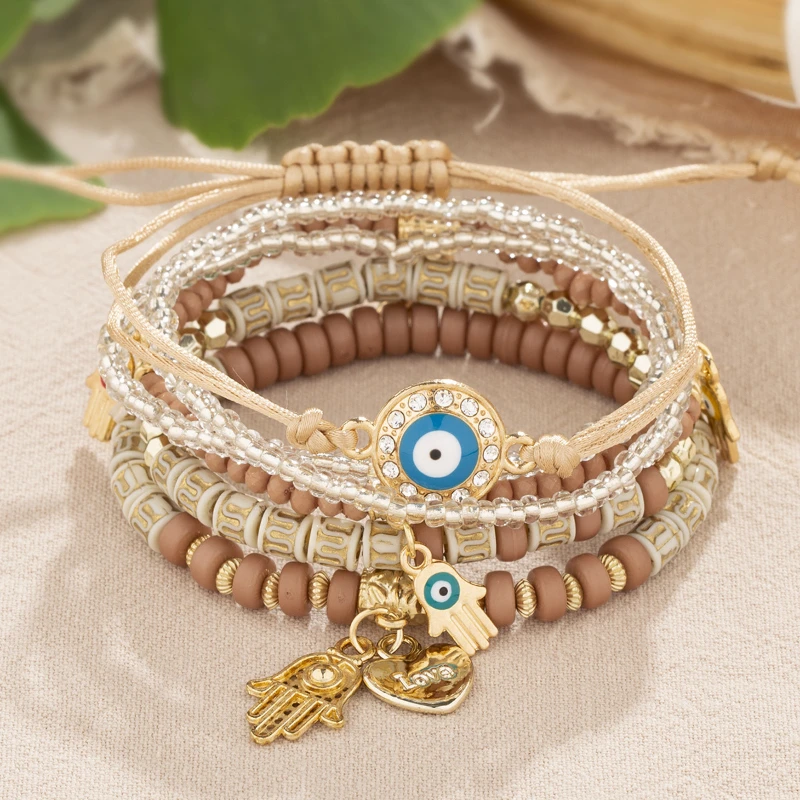 6pcs/set Bohemian Multilayer Elastic Weave Bracelets for Women Men Hand of Fatima Evil Eye Heart Beads Charms Bracelet Set