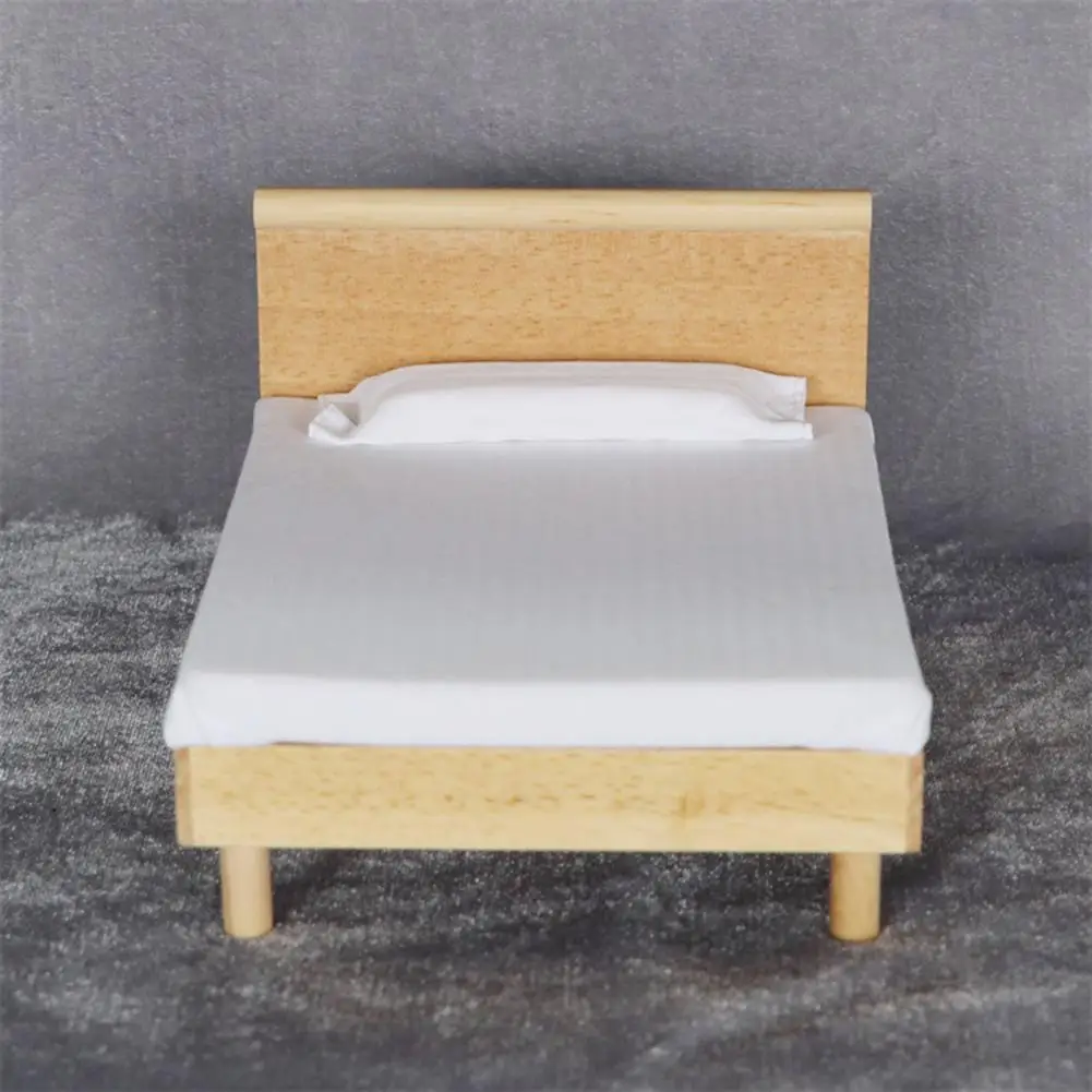 

Wood Durable Doll House Double Bed Fashionable Dollhouse Bed Clean for Entertainment