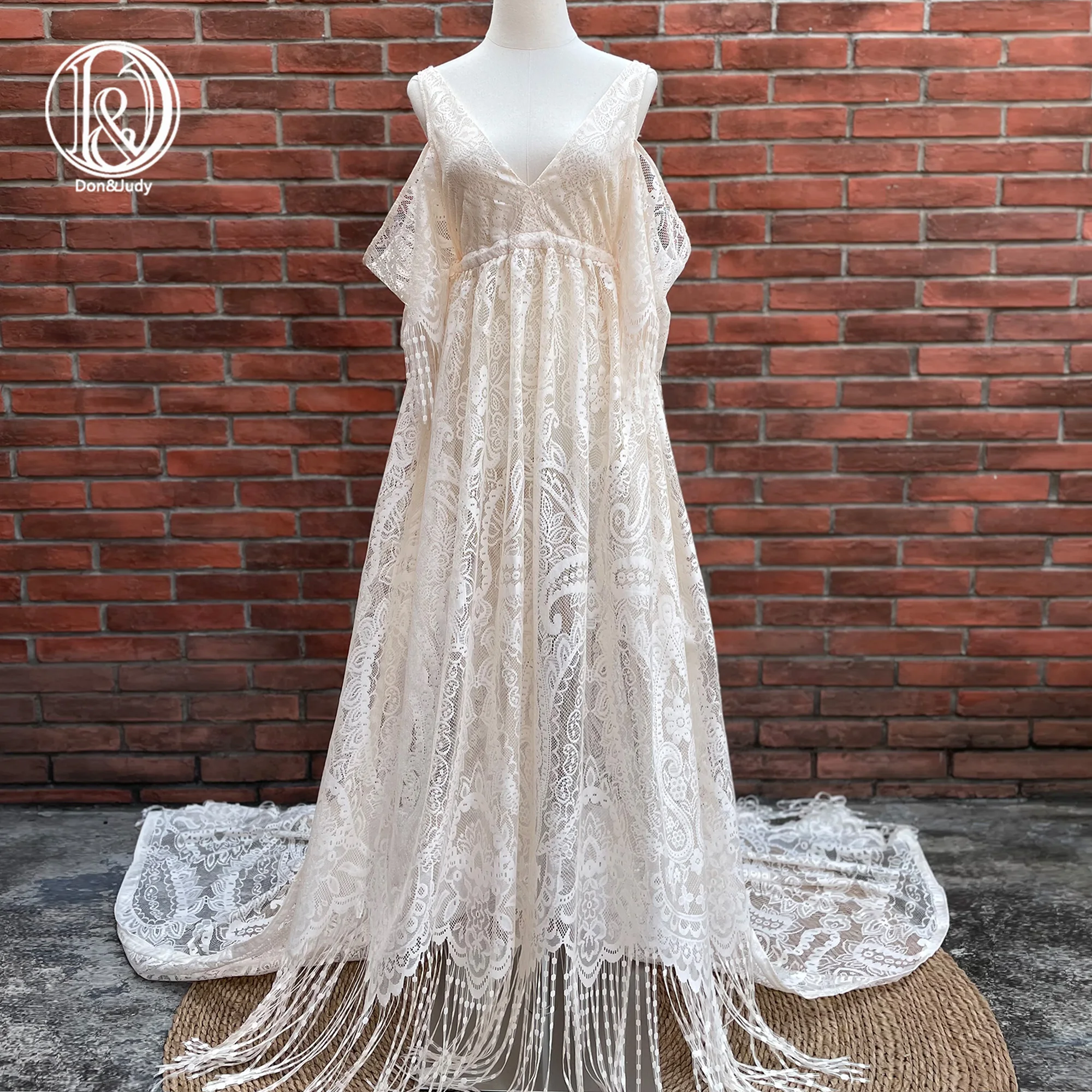 Enlarge Don&Judy Deep V Lace Super Long Tassels Maternity Dress Photo Shoot Pregnant Woman Photography Drop Shoulder Gown Party Clothes